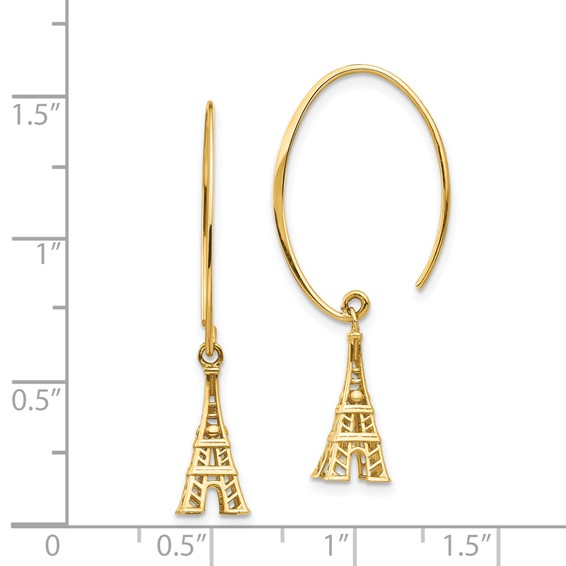 14K 3-D Eiffel Tower Dangle Wire Threader Earrings