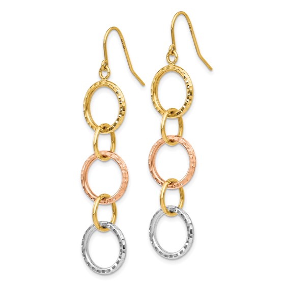 14k Tri-Color Diamond-Cut Circles Dangle French Hook Earrings
