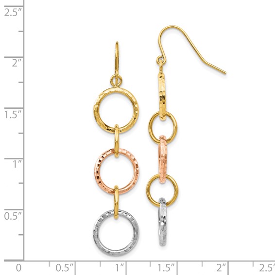 14k Tri-Color Diamond-Cut Circles Dangle French Hook Earrings