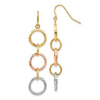 14k Tri-Color Diamond-Cut Circles Dangle French Hook Earrings