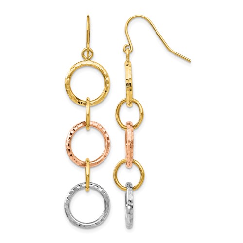 14K Tri-Color Diamond-Cut Circles Dangle French Hook Earrings