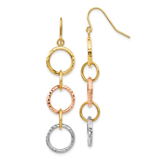14k Tri-Color Diamond-Cut Circles Dangle French Hook Earrings