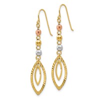 14K Tri-Color Diamond-cut Bead Oval Dangle French Hook Earrings view 2