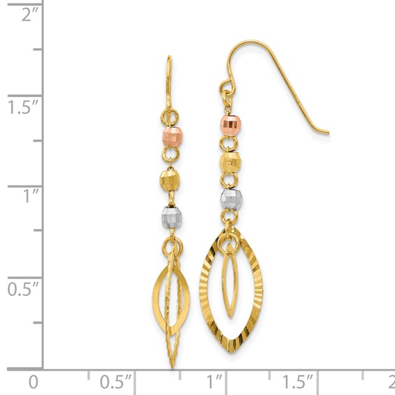 14K Tri-Color Diamond-cut Bead Oval Dangle French Hook Earrings
