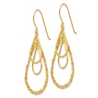 14K Yellow Gold Polished and Textured Teardrops Dangle French Hook Earrings view 2