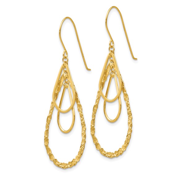 14K Polished and Textured Teardrops Dangle French Hook Earrings