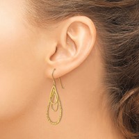 14K Yellow Gold Polished and Textured Teardrops Dangle French Hook Earrings view 3