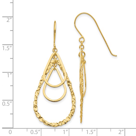 14K Polished and Textured Teardrops Dangle French Hook Earrings