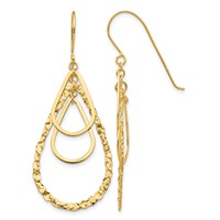 14K Yellow Gold Polished and Textured Teardrops Dangle French Hook Earrings view 1