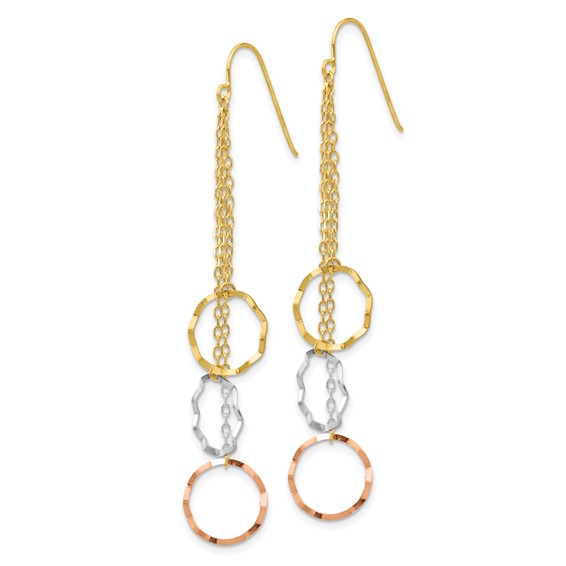 14K Tri-Color Faceted Circles and Chain Dangle French Hook Earrings