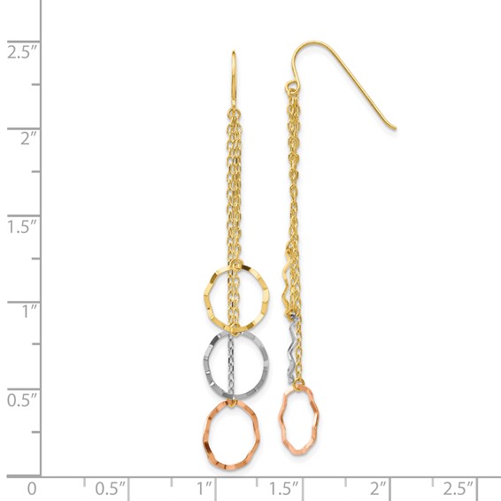 14K Tri-Color Faceted Circles and Chain Dangle French Hook Earrings