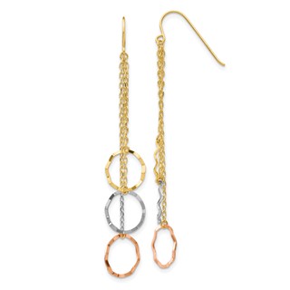 14K Tri-Color Faceted Circles and Chain Dangle French Hook Earrings