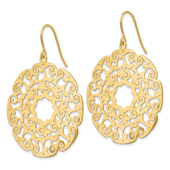 14K Fancy Lace Filigree Circle Dangle French Hook Earrings