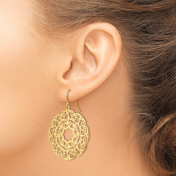 14K Fancy Lace Filigree Circle Dangle French Hook Earrings