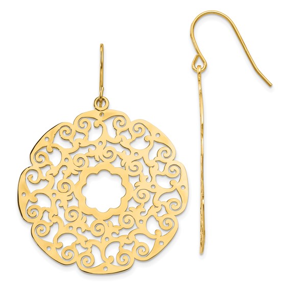14K Fancy Lace Filigree Circle Dangle French Hook Earrings