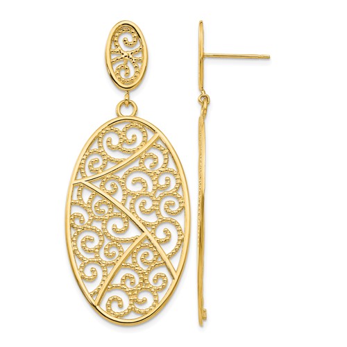 14K Yellow Gold Filigree Oval Dangle Post Earrings