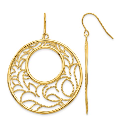 14K Yellow Gold Floral Circle Dangle French Hook Earrings