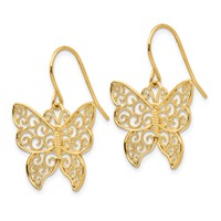 14K Yellow Gold Large Filigree Butterfly Dangle French Hook Earrings view 2
