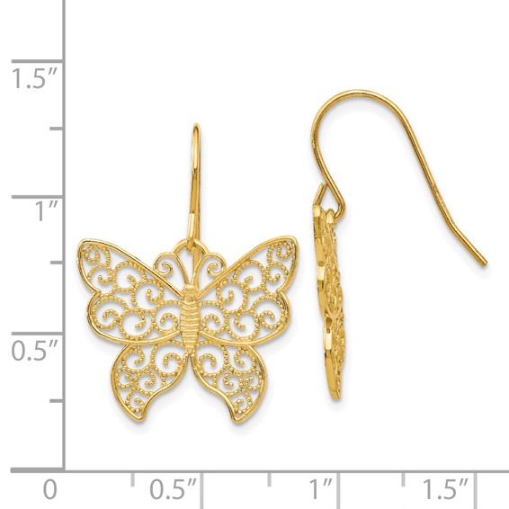 14K Large Filigree Butterfly Dangle French Hook Earrings