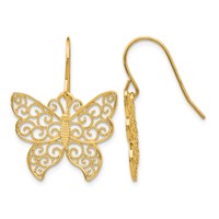 14K Yellow Gold Large Filigree Butterfly Dangle French Hook Earrings view 1