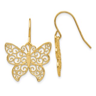 14K Large Filigree Butterfly Dangle French Hook Earrings