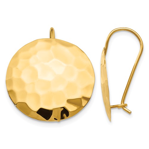14K Yellow Gold Hammered 18mm Circle Disc Kidney Wire Earrings
