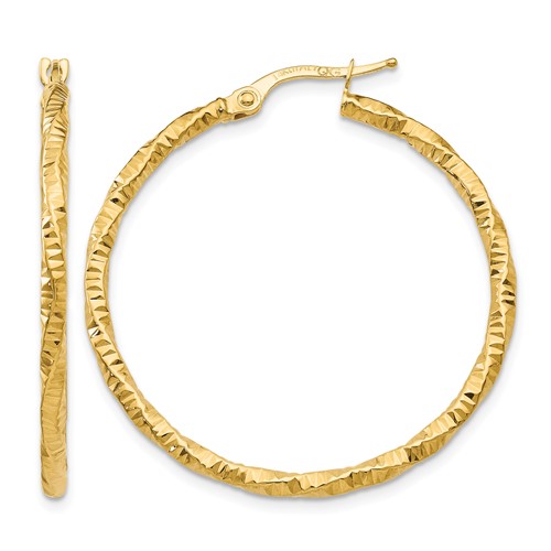 14K Yellow Gold Polished and Textured Hoop Earrings