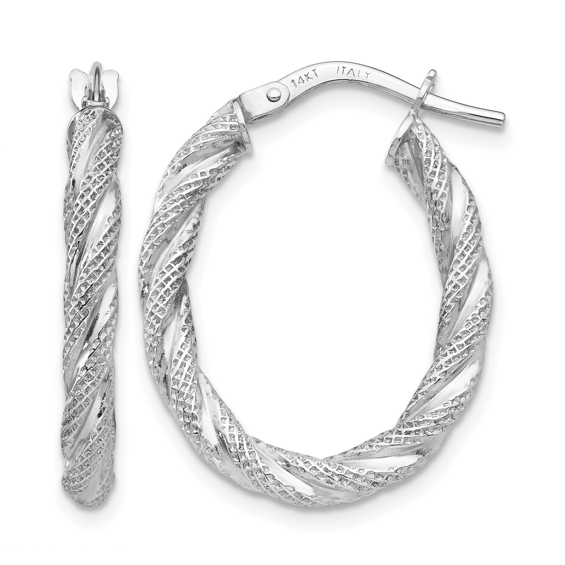 14K White Gold Twisted Textured Oval Hoop Earrings (TH689)