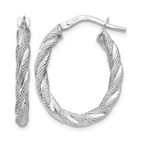 14K White Gold Twisted Textured Oval Hoop Earrings view 1