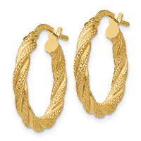14K Yellow Gold Twisted Textured Hoop Earrings view 2