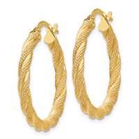 14K Yellow Gold Twisted Textured Hoop Earrings view 2