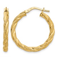 14K Yellow Gold Twisted Textured Hoop Earrings view 1