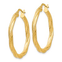 14K Yellow Gold Twisted Textured Hoop Earrings view 2