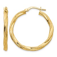 14K Yellow Gold Twisted Textured Hoop Earrings view 1