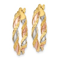 14K Earrings with White & Rose Rhodium Textured Twisted Hoop view 2