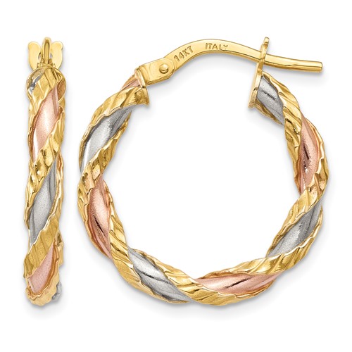 14K Earrings with White & Rose Rhodium Textured Twisted Hoop