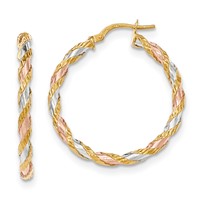 14K with White & Rose Rhodium Textured Twisted Hoop Earrings view 1