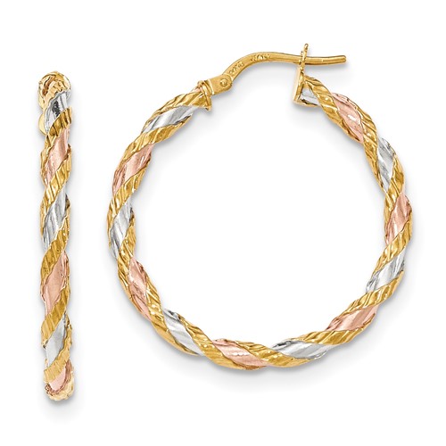14K Earrings with White & Rose Rhodium Textured Twisted Hoop