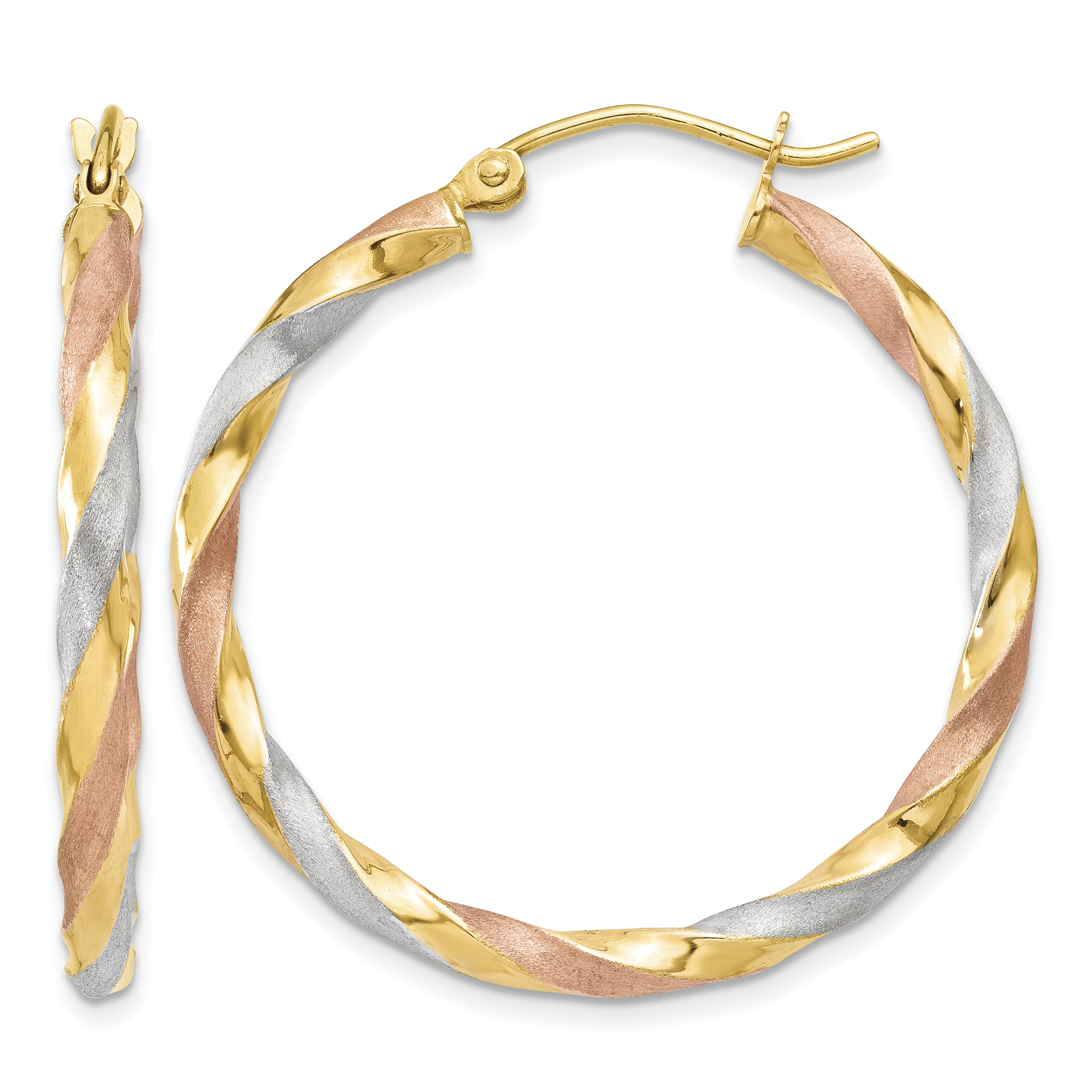 14k White & Rose Rhodium Satin Twisted Hoop Earrings (TH751)