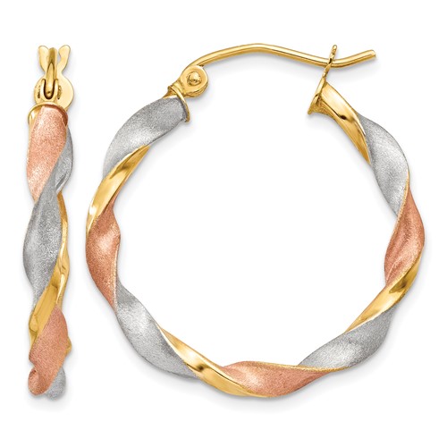 14K White & Rose Rhodium Satin Twisted Hoop Earrings