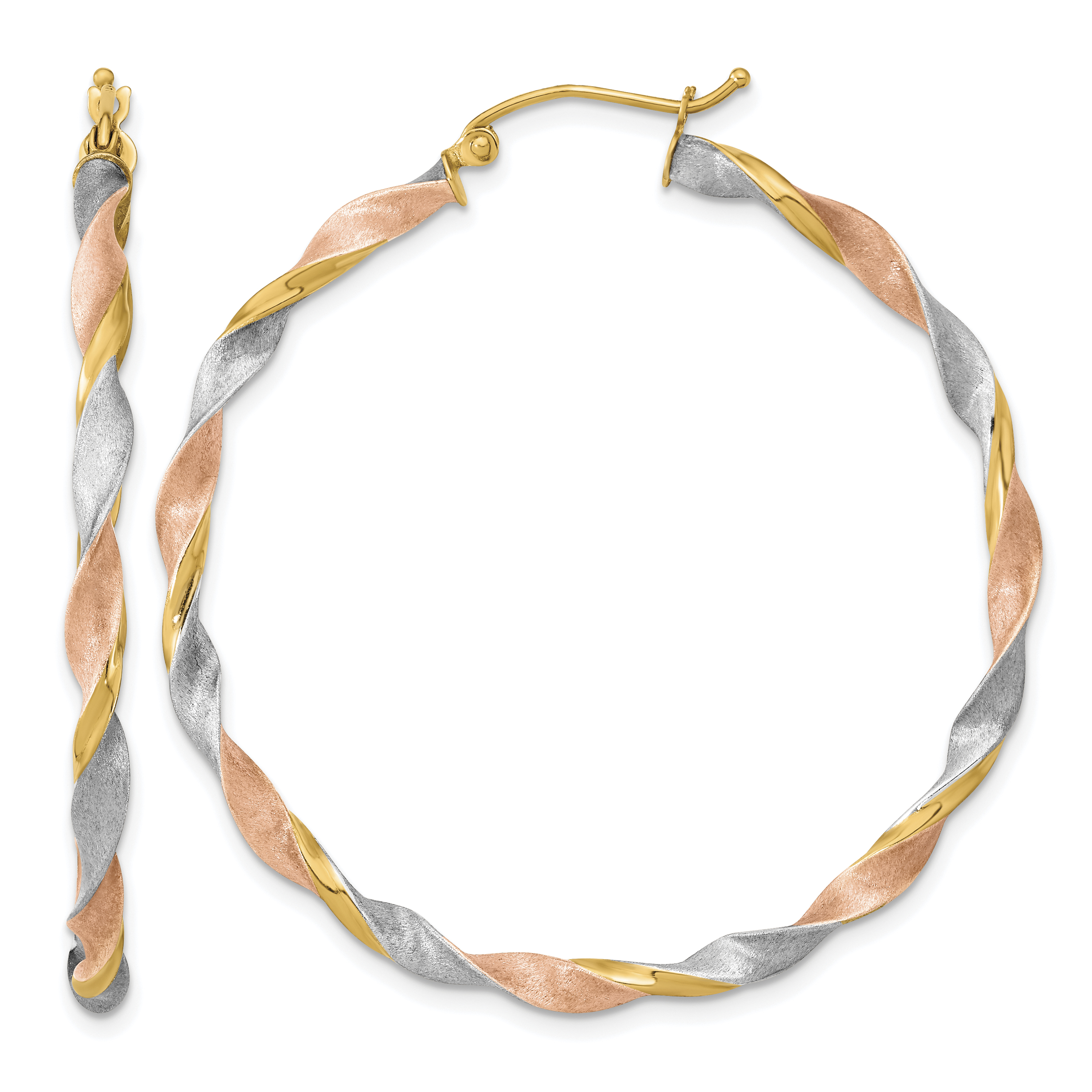 14k White & Rose Rhodium Satin Twisted Hoop Earrings (TH759)