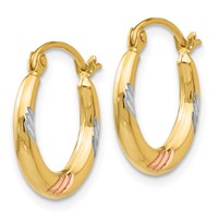14K & White & Rose Rhodium Polished & Textured Hoop Earrings view 2