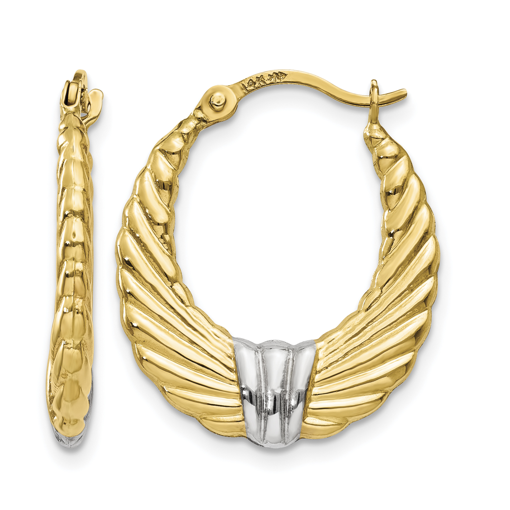 14k & Rhodium Polished and Textured Hoop Earrings (TH791)