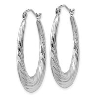 14K White Gold Polished and Textured Oval Hoop Earrings view 2