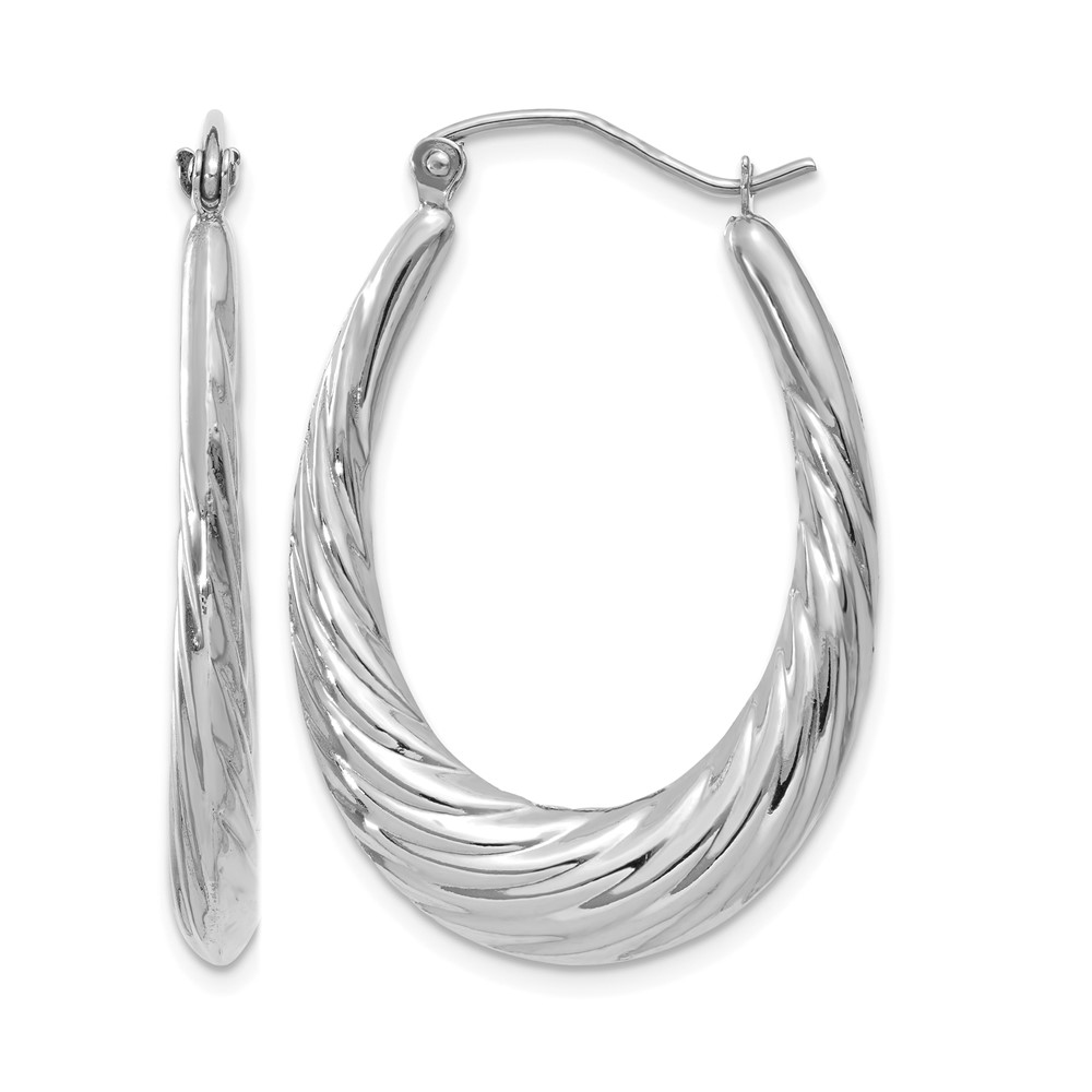14k White Gold Polished and Textured Oval Hoop Earrings (TH792)