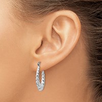 14K White Gold Polished and Textured Oval Hoop Earrings view 3