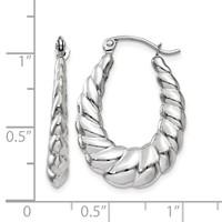 14K White Gold Polished and Textured Oval Hoop Earrings view 4