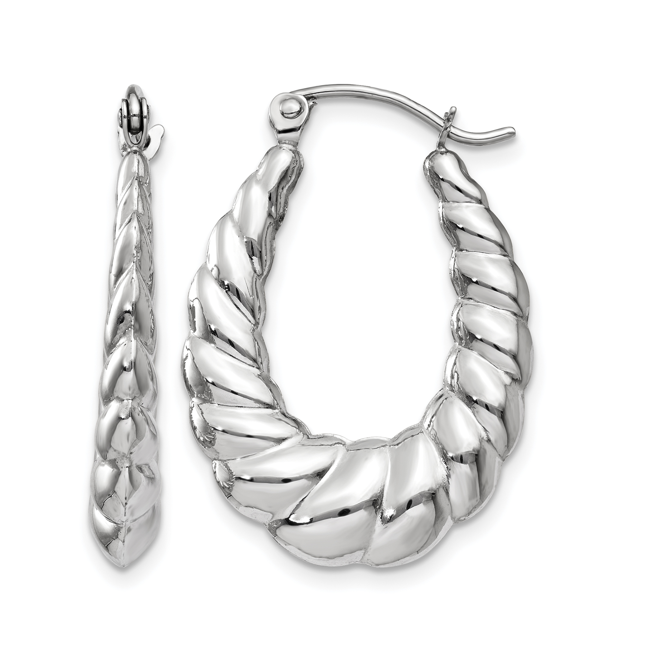14k White Gold Polished and Textured Oval Hoop Earrings (TH793)