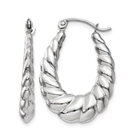 14K White Gold Polished and Textured Oval Hoop Earrings view 1