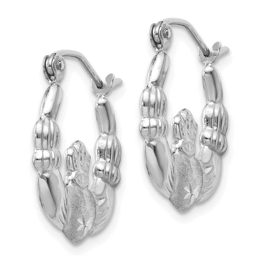 14k White Gold Satin and Diamond-cut Claddagh Hoop Earrings (TH800)